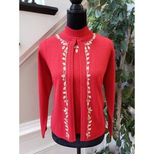Designers Originals Cardigan Sweater Women's PS Red Embroidery Open Front